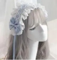 ロリータ ヘッドドレス 青ブルー ヘアアクセサリー髪飾りフリルリボンコスプレ新品