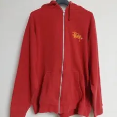 old Stussy 赤茶色 バックプリント 肉厚 ジップアップパーカー XL