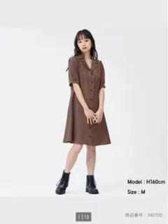 【新品】GU フロントボタンミニワンピース 5分袖 ブラウン L