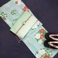 若竹色♪百花繚乱 浅翠に三色小菊★綿100% 大人 浴衣★高級 浴衣 3点セット 若竹色♪百花繚乱 浅翠に三色小菊☆綿100% 大人 浴衣☆高級 浴衣 3点