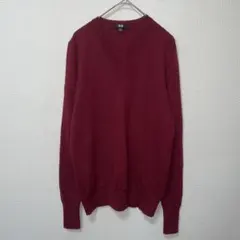 ユニクロ　バーガンディ　Vネック　ニット　セーター　長袖　ウール　無地　L