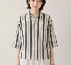 美品 プリット 2026 綿麻 チェックブラウス 五分袖 ゆったり バンド 