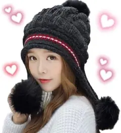 新品　レディースニット帽　耳当て付き　ポンポン　おしゃれ　スキー　スノボ