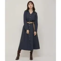レディアゼル　ロングシャツワンピース　フレア　ベルト付き　紺　フリーサイズ