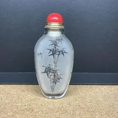 竹絵 内絵ガラス小瓶 フタ付き 8cm｜和風 ガラス工芸 粉末容器