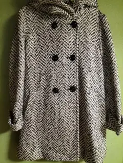 フード付きヘリンボーンチェスターコート