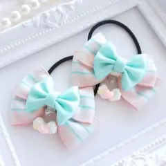 (186) ゆめかわ チェック ヘアゴム♡ ハンドメイド リボン ピンク ミント