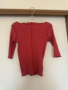 赤白ストライプ 五分袖・七分袖　リブサマーニット　カットソー　レッド　ホワイト