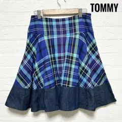 TOMYMY フレアスカート　デニム　チェック　ブルー　青　膝丈　切替　『F』のサムネイル