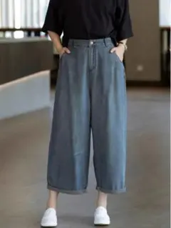 デニム ジーパン 薄手 ワイドパンツ 九分丈 オシャレ シンプル 着痩せ