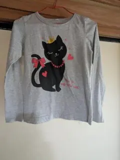 黒猫イラスト 長袖Tシャツ グレー