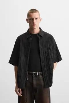 【新品未使用】ZARA ジャカード織りシワ加工シャツ ブラック L