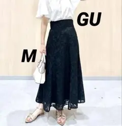 GU ジャカード バックリボン ロングスカート 黒 M スカート ハイウエスト