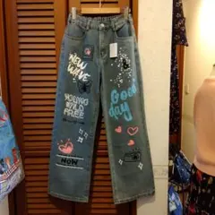 新品カラフルグラフィックワイドレッグデニム