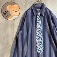 【雰囲気◎】メンズ ストライプ 長袖 シャツ XL メンズ ブルー 青 ネクタイ