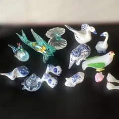 美品／にわとり＋おまけ付き】陶器 ガラス細工 動物鳥置物セット5点