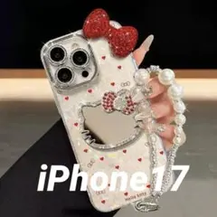 iphone 17スマホケース　ミラー付きキティ風デコ　ストラップ付き　可愛い