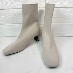 【極美品】ルタロン 5.5cmスクエアニットショートブーツ ベージュ Lサイズ