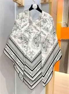 スカーフ　海洋モチーフ　シルクカシミヤ 大判ストールホワイト