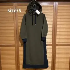 フード付き ロングワンピース カーキ×ブラック S