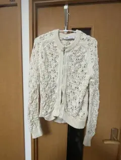 zara アイボリー レース編み ニットカーディガン