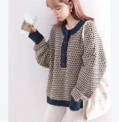 新品 classicalelf 2WAYジャガード柄ニット ネイビー ゆったり