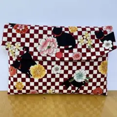 御朱印帳ケース　大サイズ　猫と市松模様と花