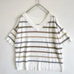【メイソングレイ】Vネック ボーダー半袖ニット ラメ　リブ編み　トップス