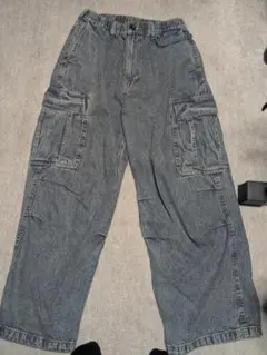 ジーユー　デニムスーパーワイドカーゴパンツ　ブルー　S