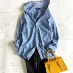 美品 ラルフローレン 刺繍ロゴ シャンブレー長袖シャツ◆ブルー