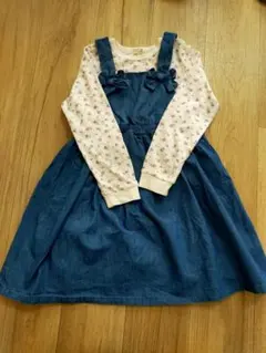 美品プティマイン130cmデニムブルー サロペット風ワンピース 花柄キッズ　春服