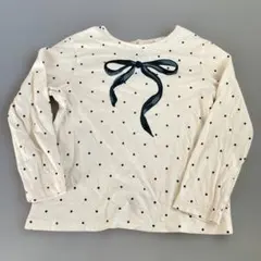 アイボリー リボン ドット柄　水玉　長袖カットソー　ロンT Tシャツ