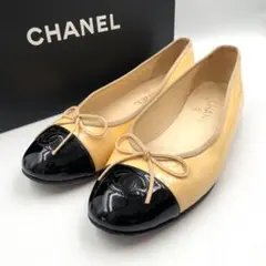 良品 CHANEL シャネル ココマーク リボン バレエ フラットシューズ 革