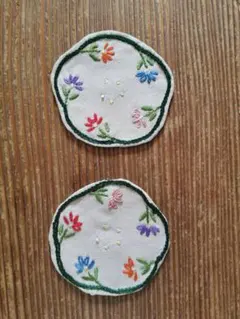 ヴィンテージ/アンティーク 色糸花刺繍リネン プチドイリー コースター2枚セット