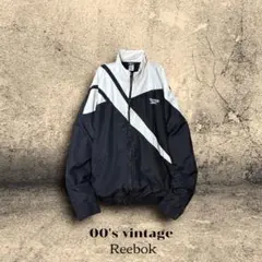 極太 リーボック 刺繍ロゴ ナイロン トラックジャケット 2XL 黒白 90s