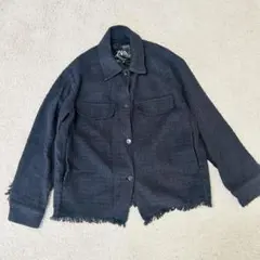 ZARA ツイード風 ジャケット シャツジャケット フリンジ ネイビー M