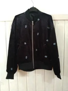 GU ジーユー花柄エンブロイダリーブルゾン　ベロア　ブラック　S