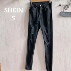 古着✨SHEIN【S】ブラック スキニーデニム ダメージ スキニー 細身