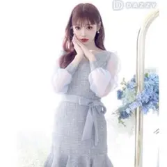 最終値下げ　ツイードリボンベルトシフォン長袖マーメイドミニドレス　デイジーストア