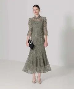 スパンコール刺繍ハイネックパフスリーブマーメイドワンピースロングドレス