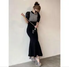 eimy ギンガムチェック柄半袖ニットワンピース