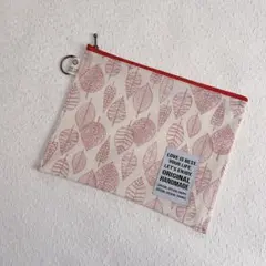 ファスナーポーチ 大きめポーチ フラットポーチ  北欧風 リーフ 白 赤