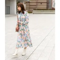 水彩画風 ナチュラル フラワープリント ワンピース