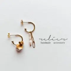 大粒淡水パールとヘマタイト サージカルステンレスフープピアス №468