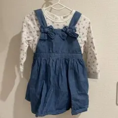 プティマイン   90 花柄　デニム　レイヤード　重ね着　ワンピース　長袖