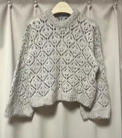 【美品】ZARA レディースクロップドかぎ針編みニットトップス　ベージュ系
