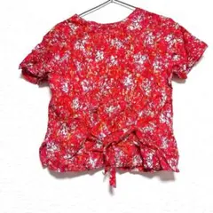 【希少】ヴィンテージ 総柄 ブラウス 半袖 赤 M レトロ 背中リボン 古着