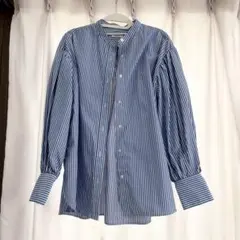LOWRYS FARM ストライプバンドカラーシャツ 青　フリーサイズ　美品のサムネイル