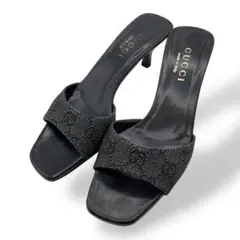 極美品　グッチ　サンダル　ヒール　GGキャンバス　レザー　黒