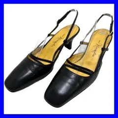 【美品】銀座かねまつ (22) パンプス スクエアトゥ ストラップ 本革 レザー